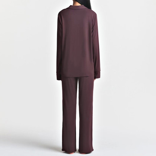 Burgundy Button-Front Pajama Set Manufacturer | Long-Sleeve Piped Trim