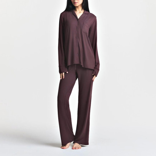 Burgundy Button-Front Pajama Set Manufacturer | Long-Sleeve Piped Trim