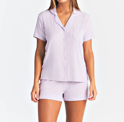 Custom Women's Ultra-Soft Short Pajama Set | Polyester Button-Up Sleep Top & Drawstring Shorts | Sleepwear & Loungewear OEM Manufacturer