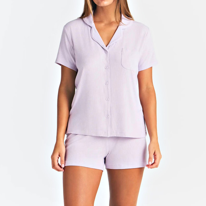 Custom Women's Ultra-Soft Short Pajama Set | Polyester Button-Up Sleep Top & Drawstring Shorts | Sleepwear & Loungewear OEM Manufacturer