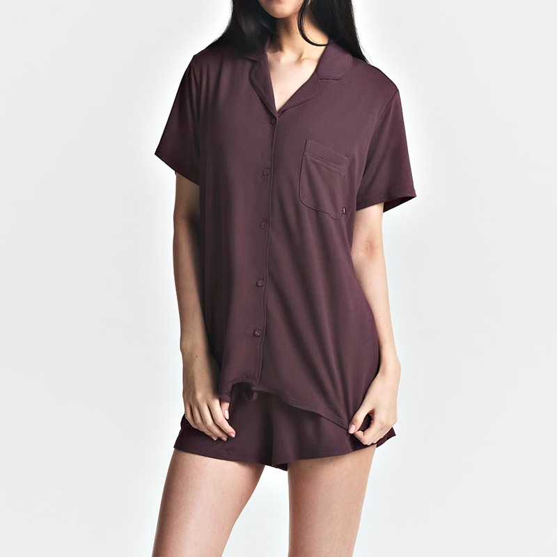 Burgundy short-sleeve button-front pajama shorts set front view