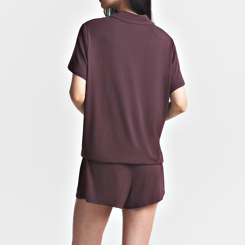 Burgundy short-sleeve pajama top and shorts back view