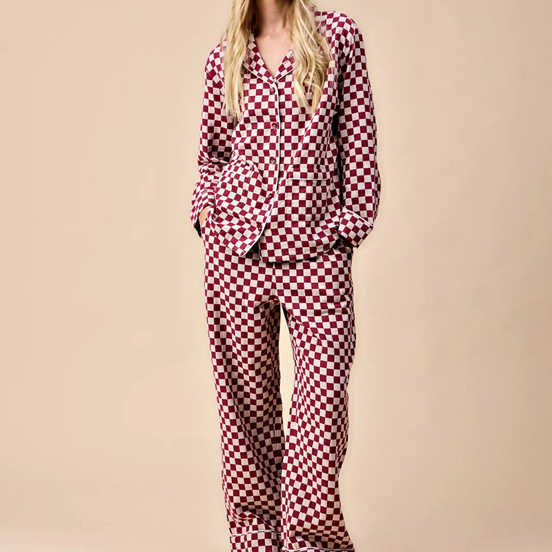 MCD014 women's burgundy checkerboard pajama set front view