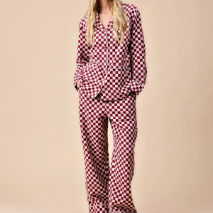 Custom Women's Burgundy Checkerboard Pajama Set | Soft Polyester Lounge Set with Elastic Waist | Homewear & Sleepwear OEM Manufacturer