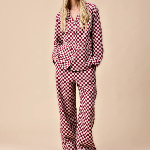 Custom Women's Burgundy Checkerboard Pajama Set | Soft Polyester Lounge Set with Elastic Waist | Homewear & Sleepwear OEM Manufacturer