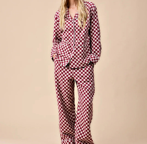 Custom Women's Burgundy Checkerboard Pajama Set | Soft Polyester Lounge Set with Elastic Waist | Homewear & Sleepwear OEM Manufacturer