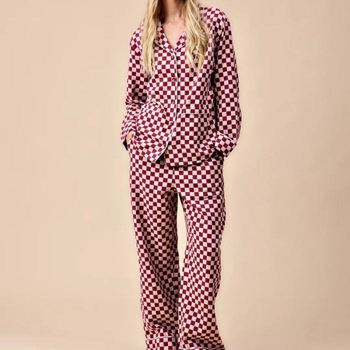Custom Women's Burgundy Checkerboard Pajama Set | Soft Polyester Lounge Set with Elastic Waist | Homewear & Sleepwear OEM Manufacturer