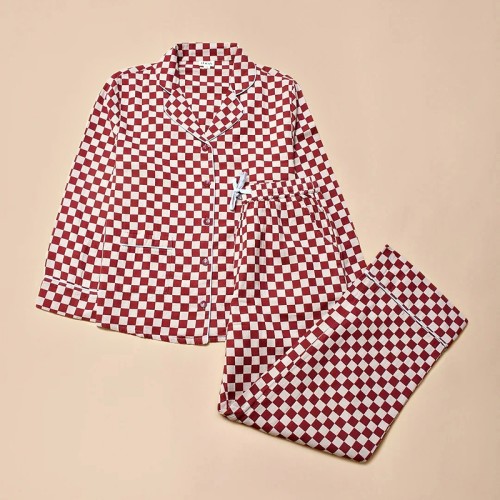 Custom Women's Burgundy Checkerboard Pajama Set | Soft Polyester Lounge Set with Elastic Waist | Homewear & Sleepwear OEM Manufacturer