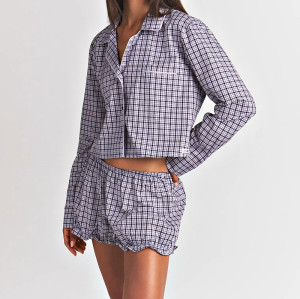 Custom Women's Short Button-Up Shirt & Balloon Pants Pajama Set | Soft Polyester Sleepwear with Ruched Cuffs | OEM Manufacturer