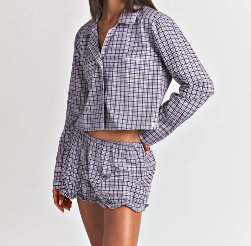 Custom Women's Short Button-Up Shirt & Balloon Pants Pajama Set | Soft Polyester Sleepwear with Ruched Cuffs | OEM Manufacturer
