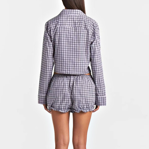 Custom Women's Short Button-Up Shirt & Balloon Pants Pajama Set | Soft Polyester Sleepwear with Ruched Cuffs | OEM Manufacturer