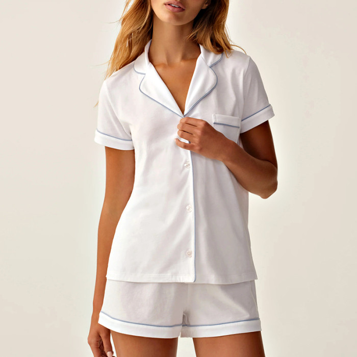White Short-Sleeve Pajama Shorts Set | Private Label Sleepwear