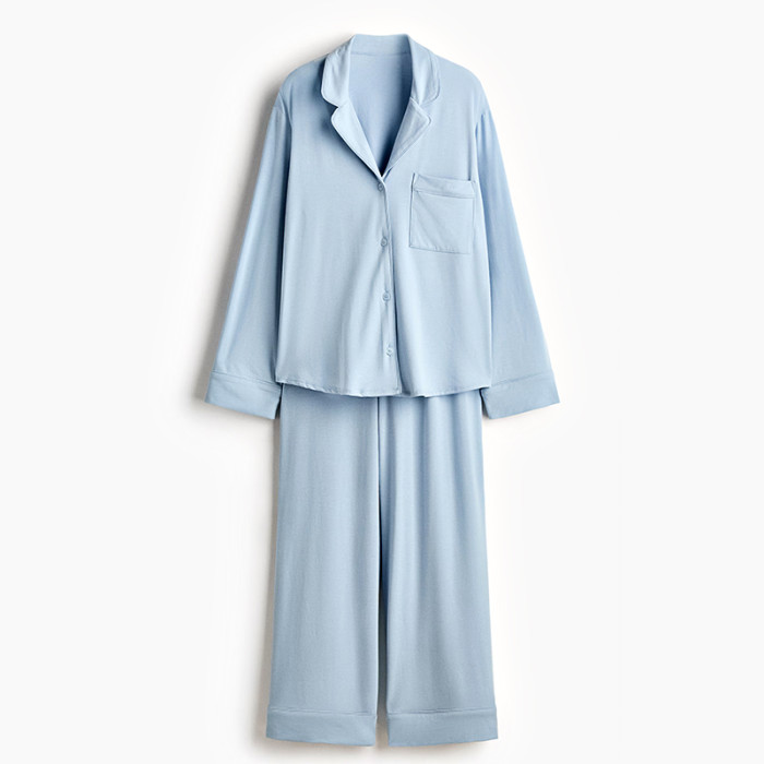 Custom Women's Lapel Collar Long-Sleeve Pajama Set | Polyester Sleep Shirt & Wide-Leg Lounge Pants with Wrap Waist | OEM Manufacturer