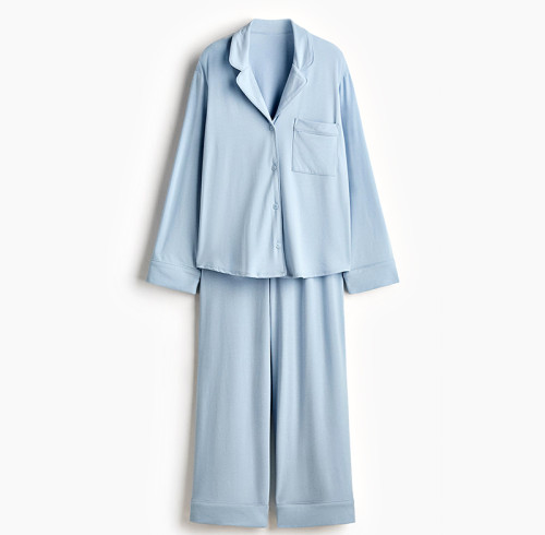Custom Women's Lapel Collar Long-Sleeve Pajama Set | Polyester Sleep Shirt & Wide-Leg Lounge Pants with Wrap Waist | OEM Manufacturer