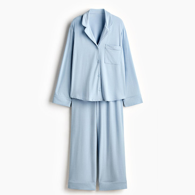 Custom Women's Lapel Collar Long-Sleeve Pajama Set | Polyester Sleep Shirt & Wide-Leg Lounge Pants with Wrap Waist | OEM Manufacturer