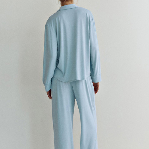 Custom Women's Lapel Collar Long-Sleeve Pajama Set | Polyester Sleep Shirt & Wide-Leg Lounge Pants with Wrap Waist | OEM Manufacturer