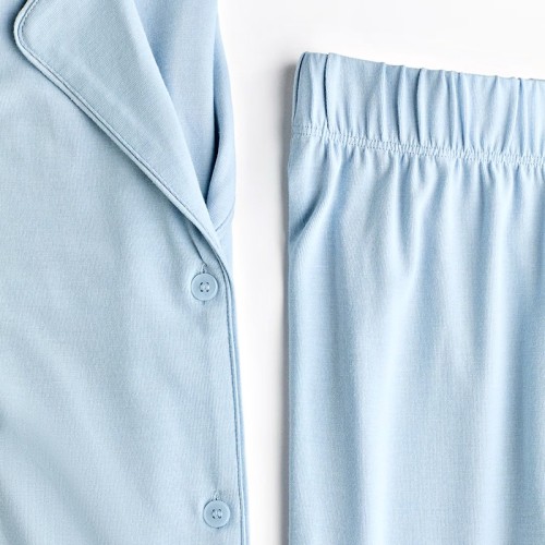 Custom Women's Lapel Collar Long-Sleeve Pajama Set | Polyester Sleep Shirt & Wide-Leg Lounge Pants with Wrap Waist | OEM Manufacturer