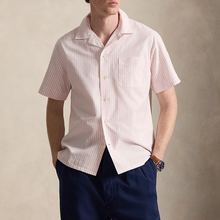 Custom Men's Classic Striped Oxford Shirt | Polyester Short-Sleeve Relaxed Fit with Back Pleat & Chest Pocket | OEM Manufacturer