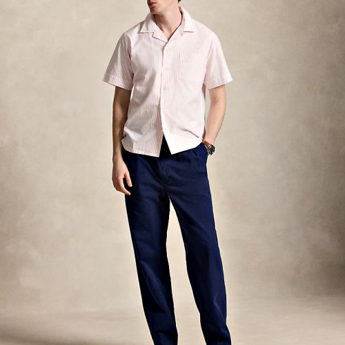 Custom Men's Classic Striped Oxford Shirt | Polyester Short-Sleeve Relaxed Fit with Back Pleat & Chest Pocket | OEM Manufacturer