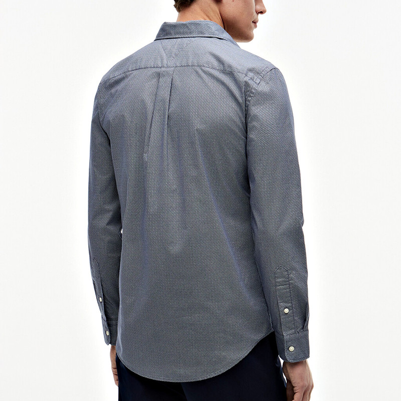 Back view of blue-grey all-over micro-print long sleeve shirt