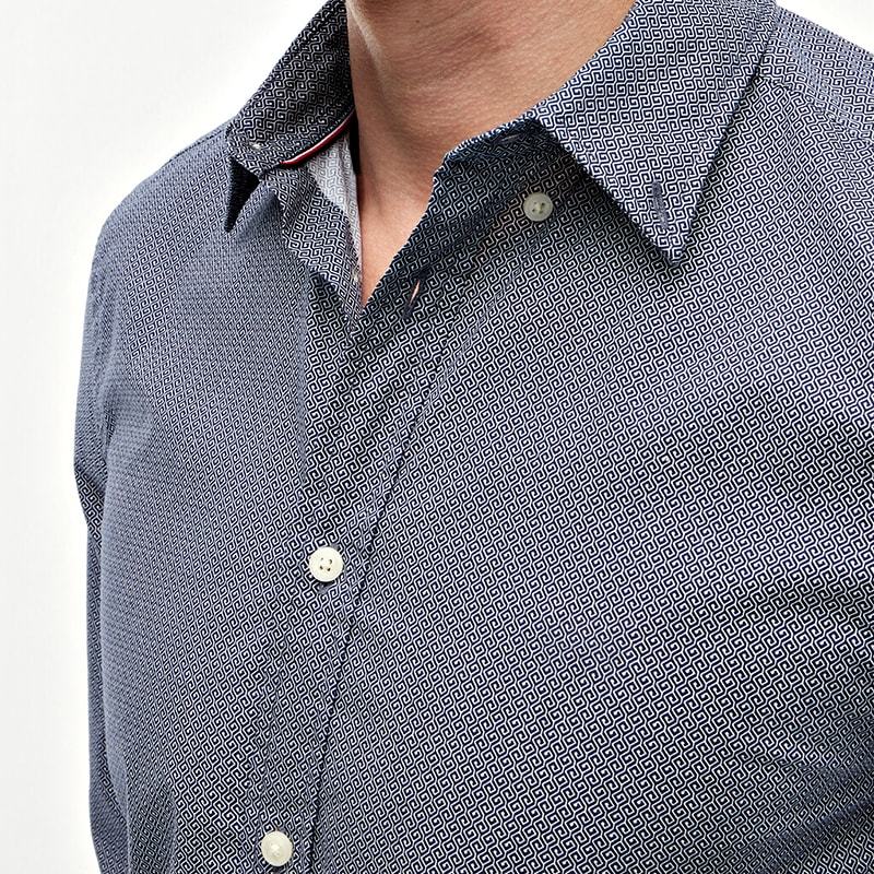 Micro-print fabric and button-down collar detail
