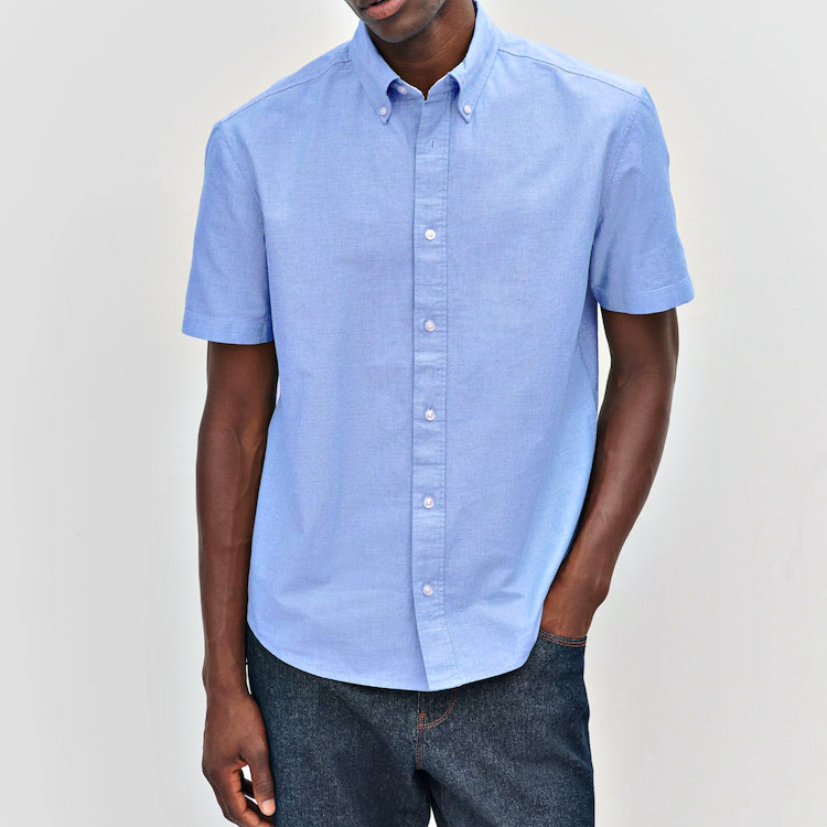 Light blue regular fit short sleeve button-down shirt front view