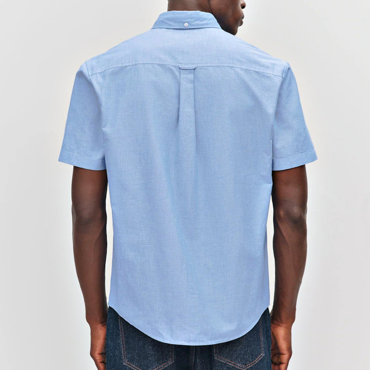 Back view of light blue short sleeve button-down shirt