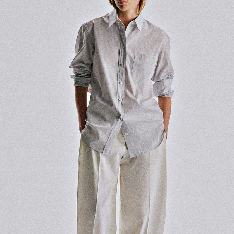 Women's fine stripe long sleeve pocket shirt front view