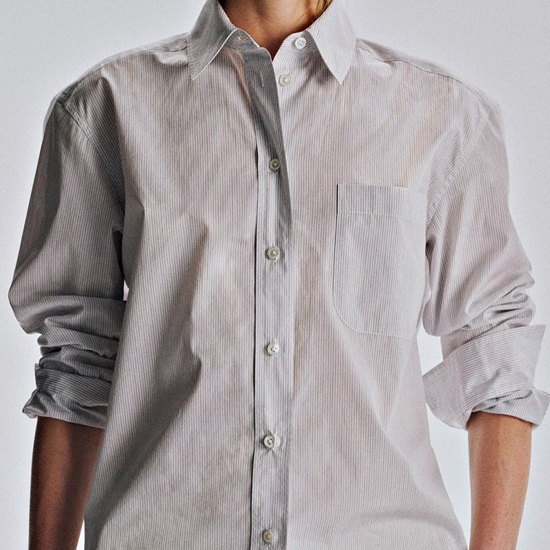 Fine vertical stripe button front and chest patch pocket detail