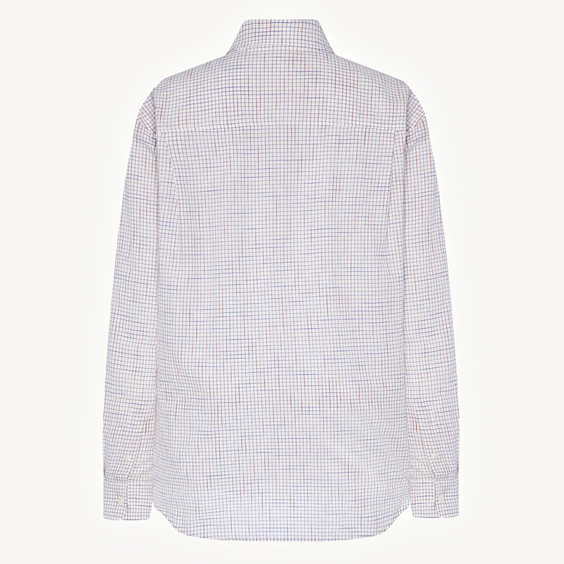 Close-up of gingham shirt curved hem and exposed placket