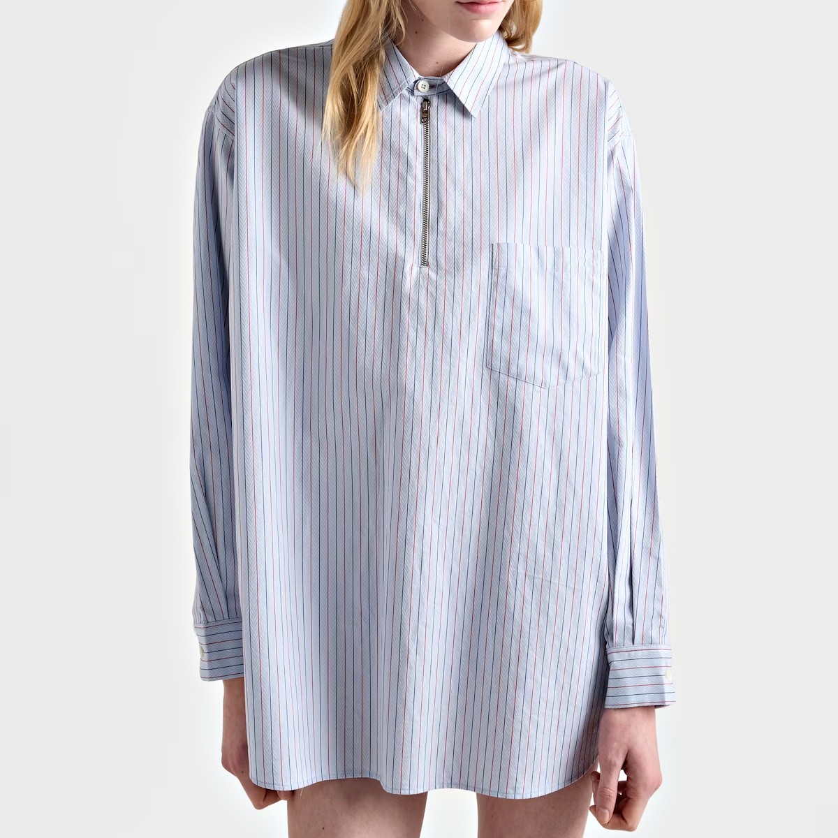 Front view of the women's fine stripe half-zip pocket shirt