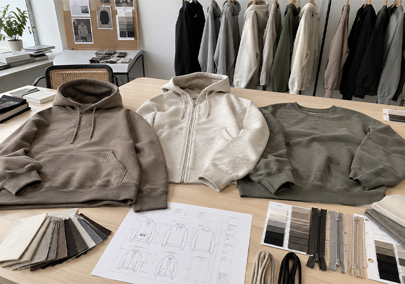 Pullover hoodie, zip-up hoodie and crewneck sweatshirt with fabric swatches and design sketches