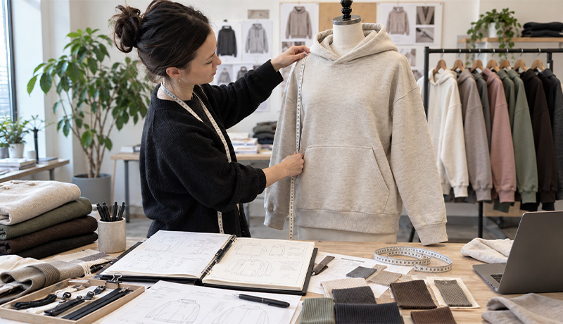 Apparel developer measuring a pullover hoodie during fit and construction review