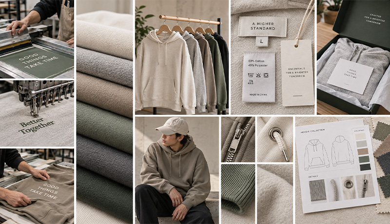 Hoodie printing, embroidery, labels, hangtags, packaging and artwork development details