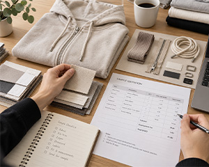 Hoodie sample quotation review with fabric swatches and specification sheets