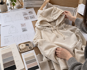 Hoodie sample development with technical sketches, fabric swatches and trims