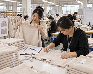 Garment workers inspecting hoodies during bulk production quality control