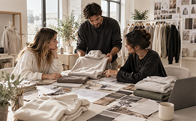 Growing apparel brand team reviewing a hoodie sample and project specifications
