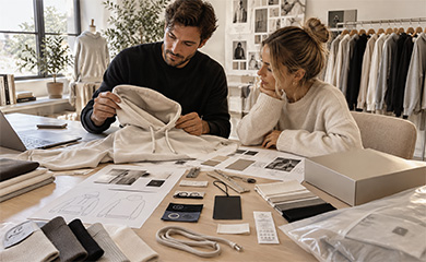 Streetwear brand team discussing hoodie fabric, branding and packaging details