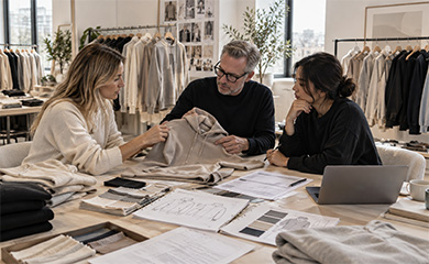 Established apparel brand team reviewing a hoodie sample and production specifications