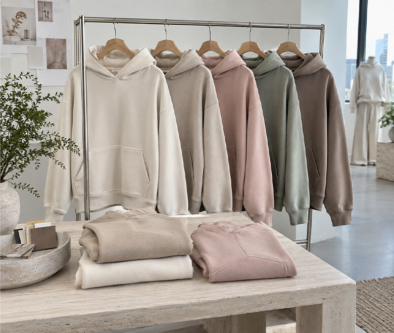 Neutral and pastel pullover hoodies displayed on a rack with folded samples