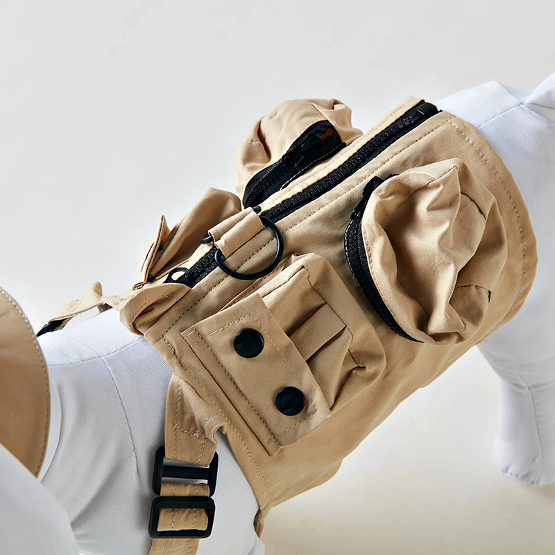 Close-up of dog workwear jacket straps and cargo pocket