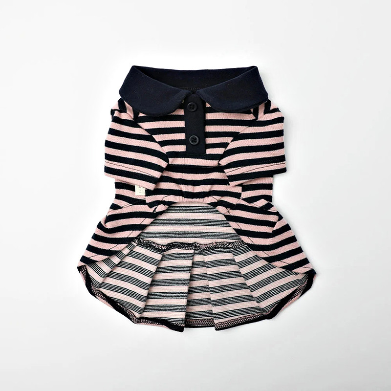 Dog striped shirt dress on model, side view