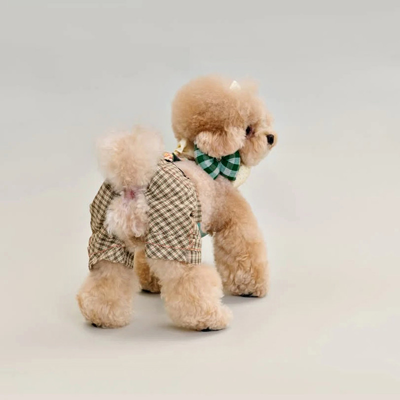 Rear view of brown plaid dog overall shorts with tail opening