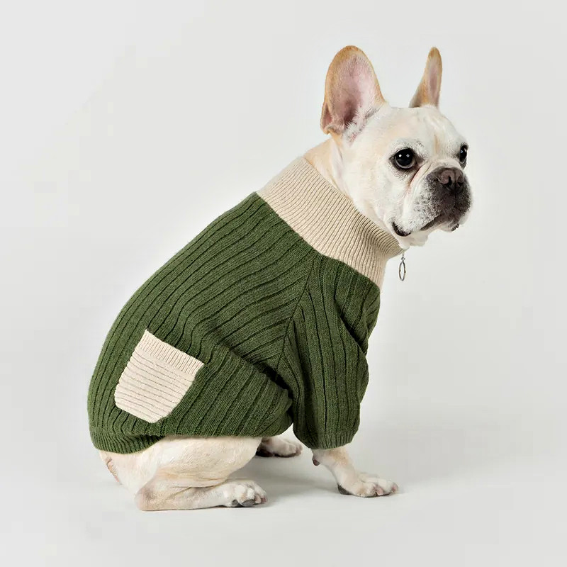 Dog wearing green and cream half-zip ribbed knit sweater