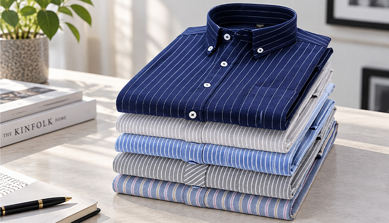 Stack of folded striped button-front shirts showing collars and buttons