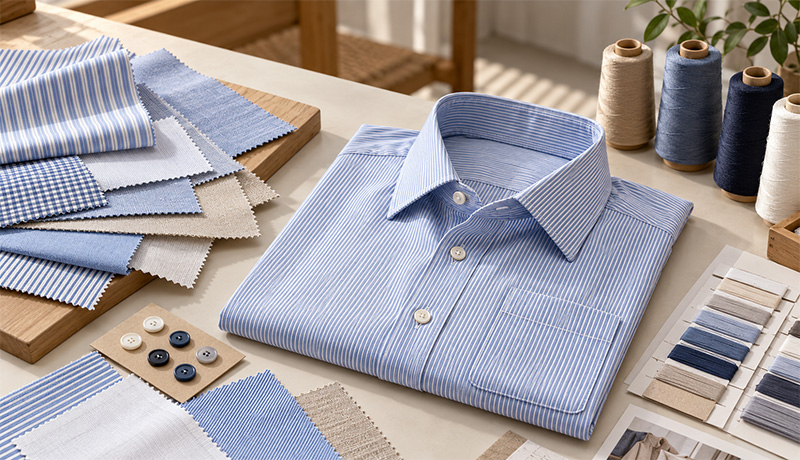 Blue striped button-front shirt with fabric swatches, buttons and thread spools on a table
