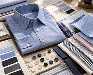 Folded blue button-front shirt with fabric swatches, buttons and color samples