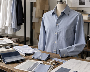 Light blue button-front shirt on a dress form with fabric swatches and documents