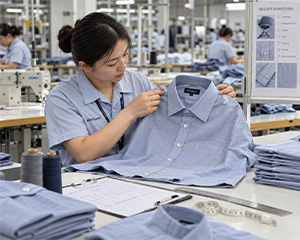 Worker checking a light blue button-front shirt in a garment workshop